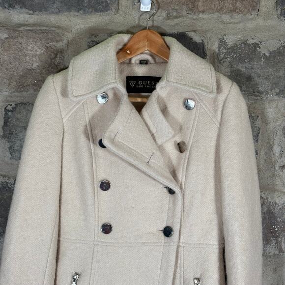 Guess Coat Woman's XS Cream Wool Blend Double Breasted Pea Coat Winter Military - Picture 3 of 13